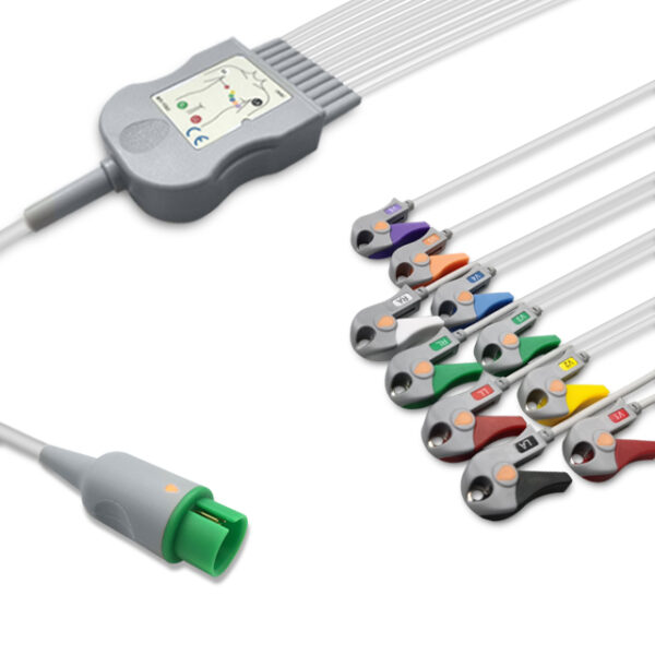 Spacelabs Compatible 10-Lead One-Piece ECG Cable, Grabber/Pinch, AHA, Defib-Proof, 7.2 ft + mixed 2.6 ft/3.9 ft leads (2.2 m + mixed 0.8 m/1.2 m)