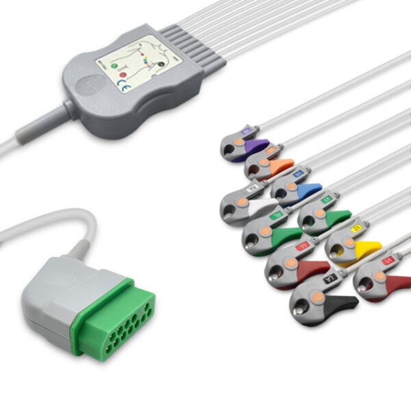 Nihon Kohden BJ-900PA Compatible 10-Lead One-Piece ECG Cable, Grabber/Pinch, AHA, 7.2 ft (2.2 m) + Mixed 2.6/3.9 ft (0.8/1.2 m)
