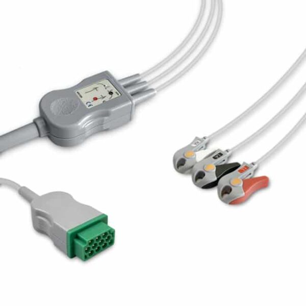 GE Healthcare Marquette 2021141-001 / 5831398 Compatible 3-Lead One-Piece ECG Cable, Grabber, AHA, 8.2 ft + 3.0 ft