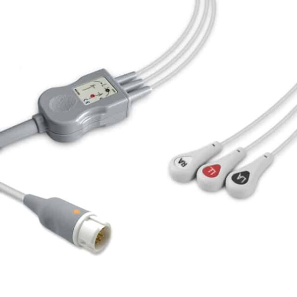 Philips M1972A Compatible 3-Lead One-Piece ECG Cable, Snap, AHA, Defib-Proof, 8.2 ft + 3.0 ft (2.5 m + 0.9 m)