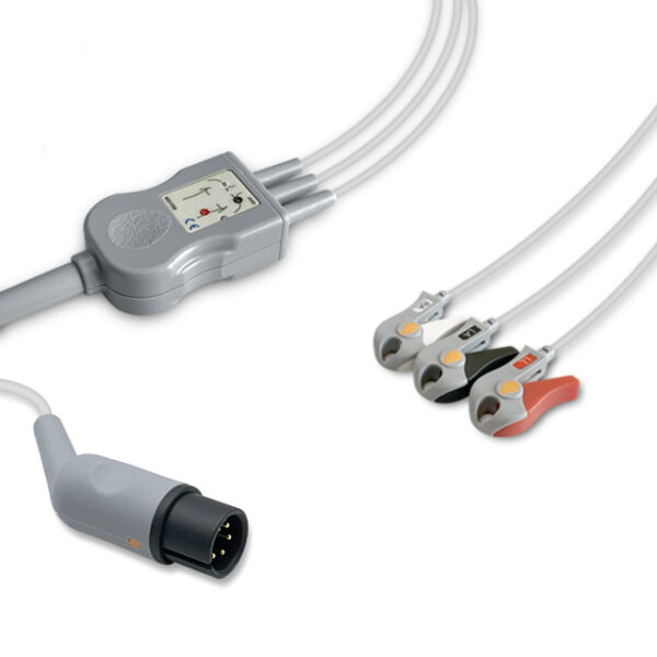 Datascope Compatible 3-Lead One-Piece ECG Cable, AHA, Grabber/Pinch, Defib-Proof, 8.2 ft + 3 ft Leads