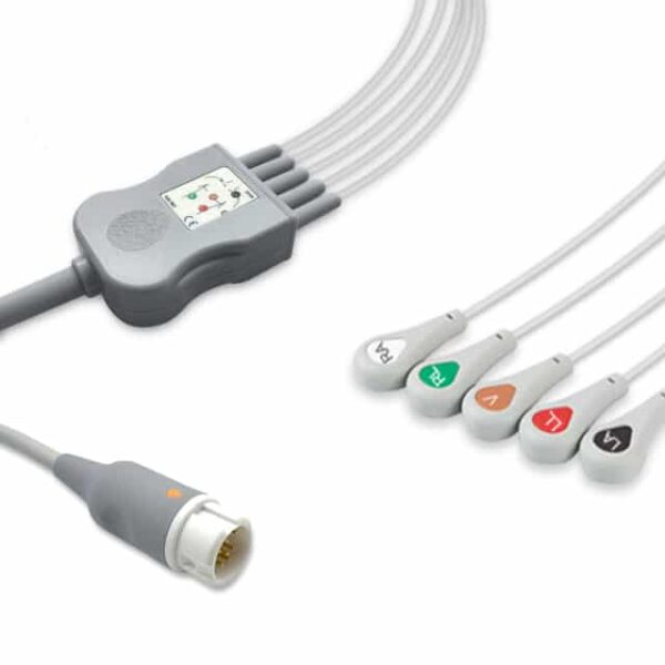 Philips M1977A Compatible 5-Lead One-Piece ECG Cable, Snap, AHA, Defib-Proof, 8.2 ft + 3.0 ft (2.5 m + 0.9 m)