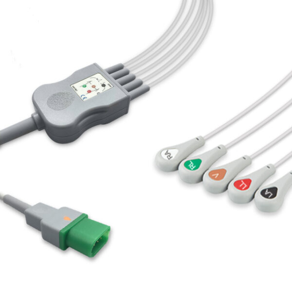 Mindray 0012-00-1156-01 Compatible 5-Lead One-Piece ECG Cable, AHA, Snap, Defib-Proof, 8.2 ft + 3 ft Leads