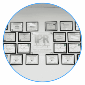 Wall of IPR Medical technician training certificates