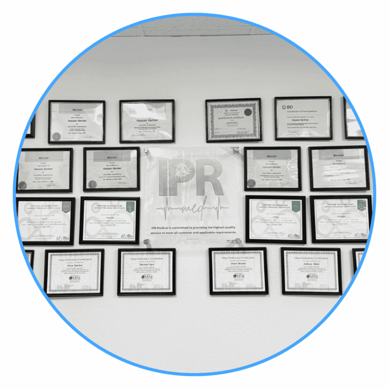 Wall of IPR Medical technician training and certification certificates