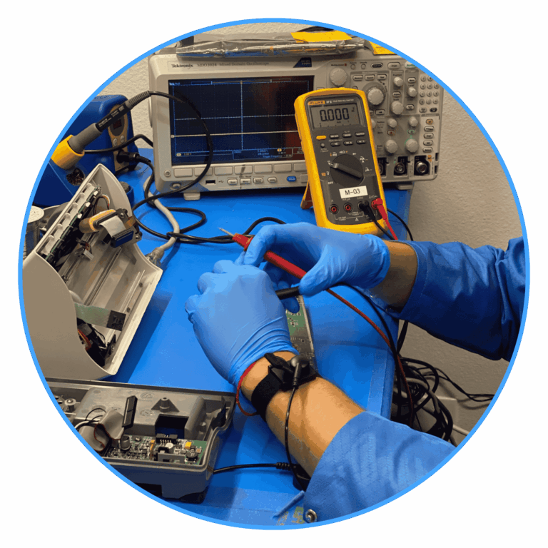 IPR Medical technician testing an infusion pump at the Tustin, California repair lab