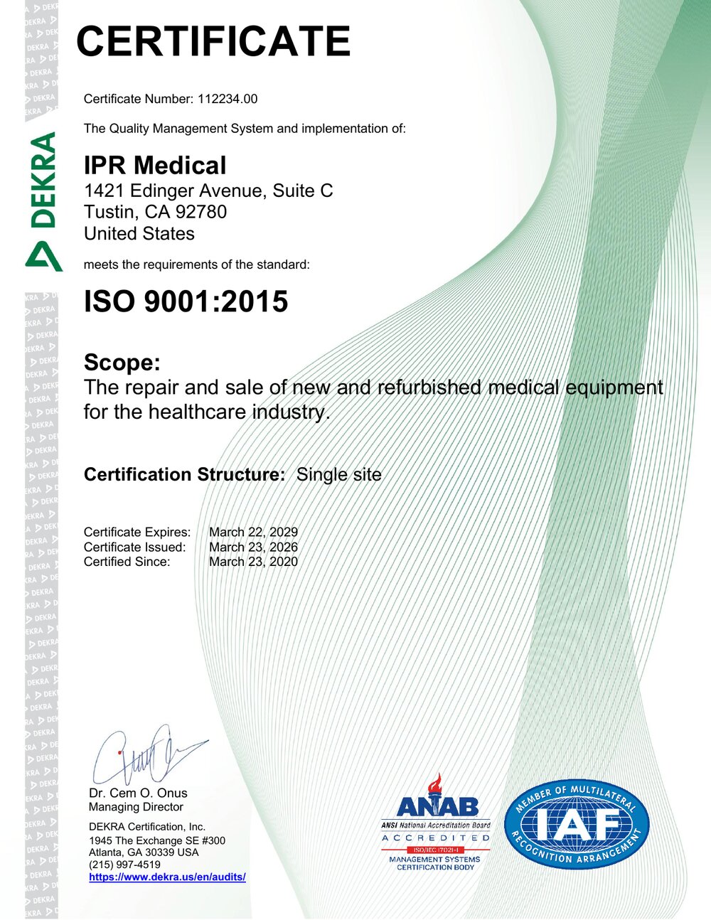 IPR Medical ISO 9001:2015 certificate issued by DEKRA Certification, Inc., certificate number 112234.00, valid through March 22, 2029